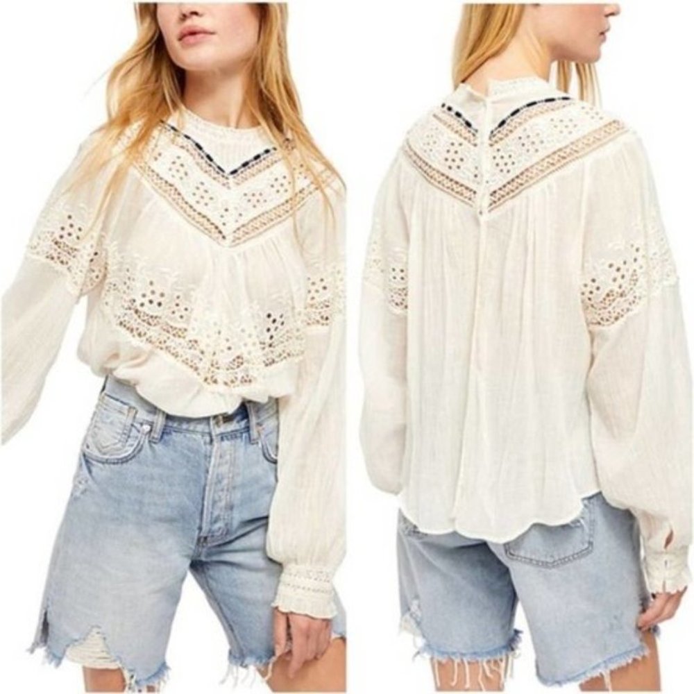 Free People Abigail Victorian Eyelet Ivory Boho Top - Size S